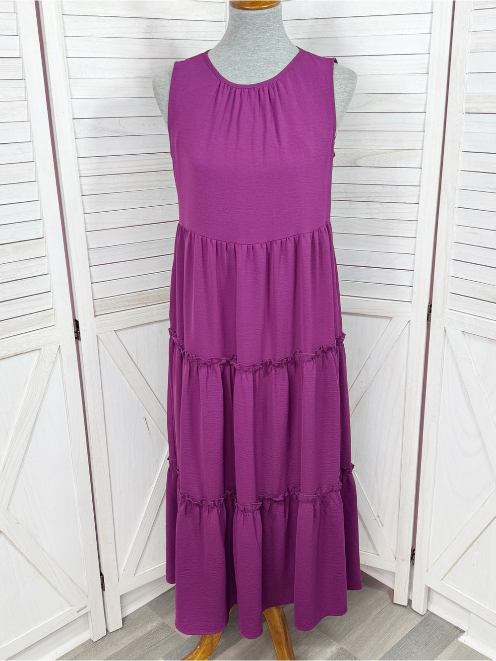 Adyson Parker Tiered Ruffle Trim Midi Dress Magenta Purple Small Sleeveless